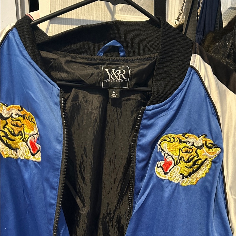 Blue Bomber Jacket with Tiger Embroidery